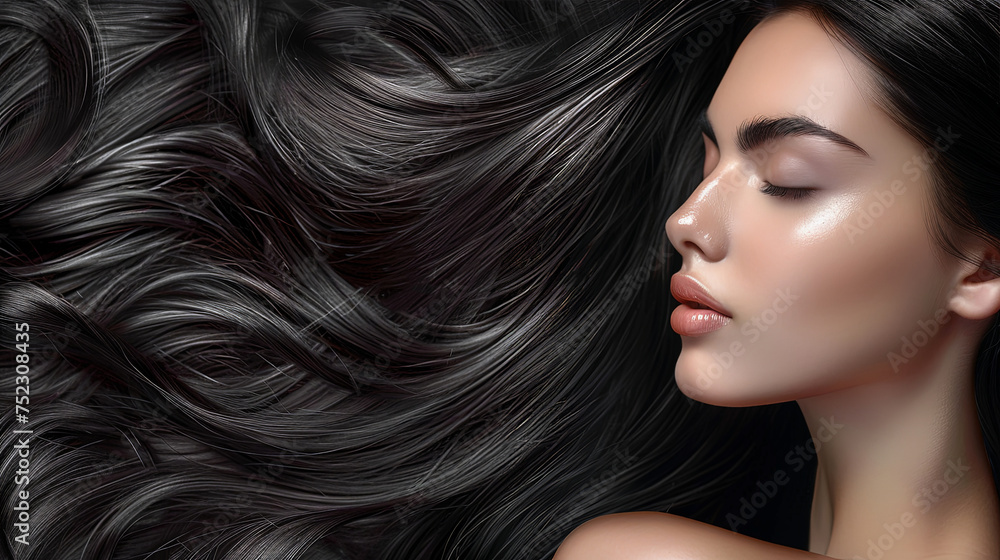 A woman with long black hair flowing in the wind, creating a mesmerizing and poetic scene of beauty and movement