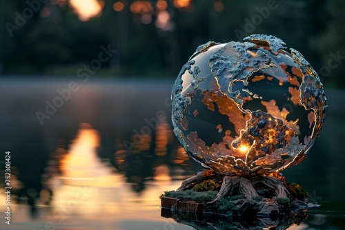 A close-up of a delicate, hand-crafted sculpture of the Earth, made entirely from recycled metals and plastics, illuminated by the soft, golden light of sunset on Earth Day.
