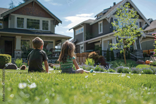 Two children happily sit on the lush grass in front of a picturesque row of colorful houses in a quaint neighborhood