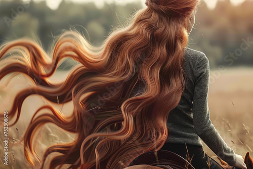  A woman's flowing hair captures the motion of horseback riding at dusk. photo
