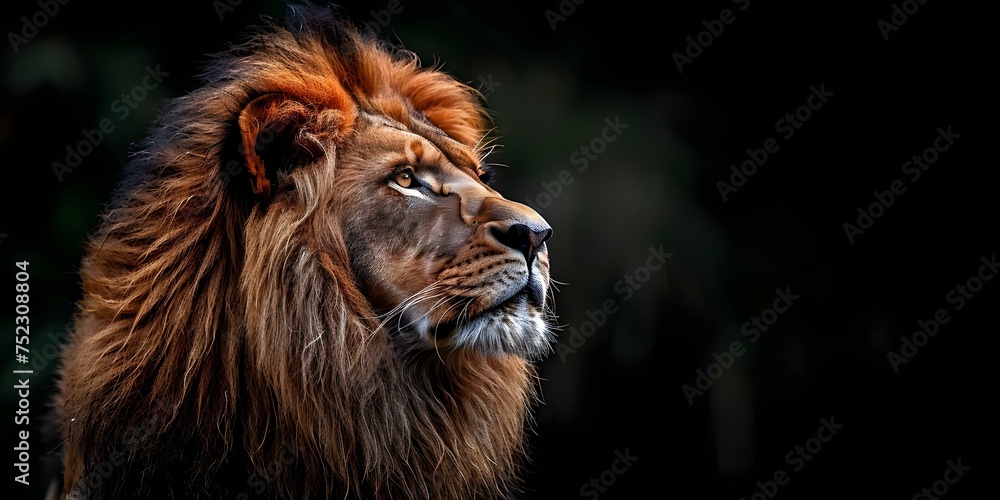 Fototapeta premium A powerful male lion struts confidently against a stark black backdrop. Concept Wildlife Photography, Lion Portrait, Animal Behavior, Bold and Majestic Animals