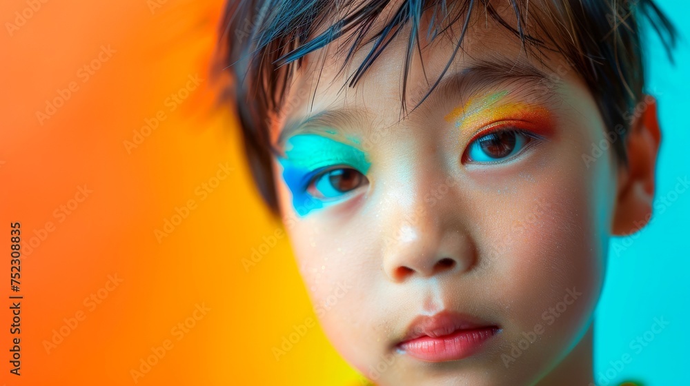 Close-up, Portrait of fashionable child model with fantasy makeup for cosmetics advertising Close-up, Portrait of fashionable child model with fantasy makeup for cosmetics advertising