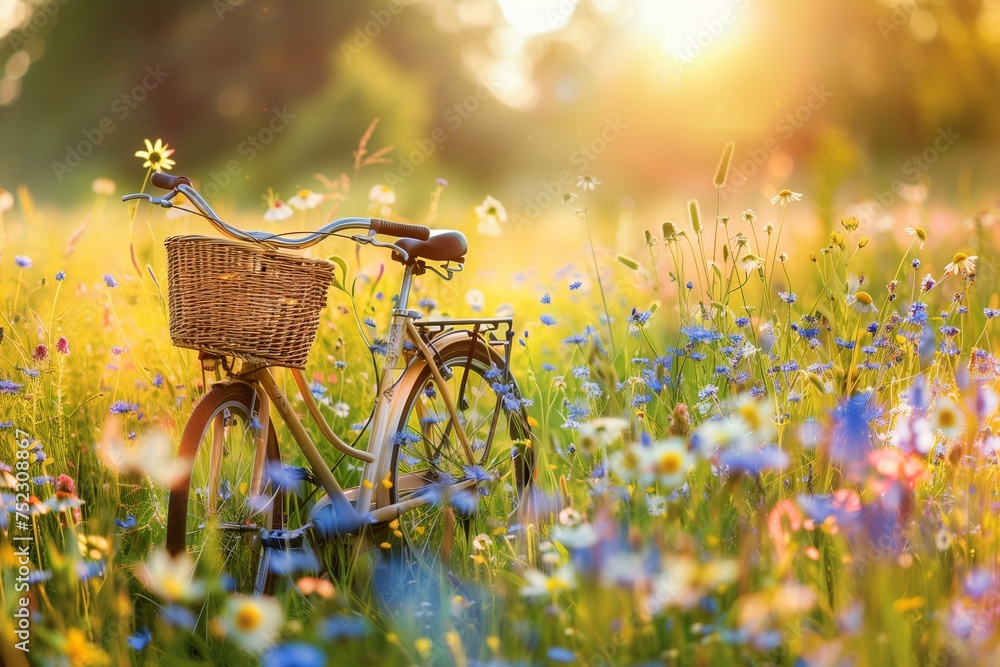 A charming bicycle, adorned with a wicker basket, standing in a lush spring meadow surrounded by a profusion of vibrant wildflowers. - obrazy, fototapety, plakaty 