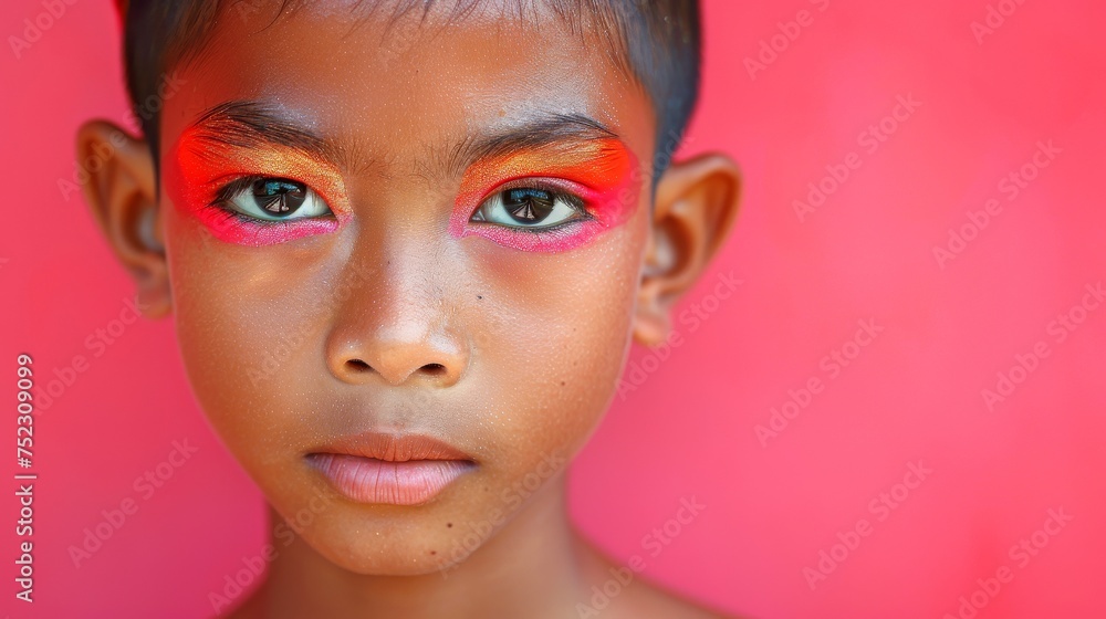 Close-up, Portrait of fashionable child model with fantasy makeup for cosmetics advertising Close-up, Portrait of fashionable child model with fantasy makeup for cosmetics advertising