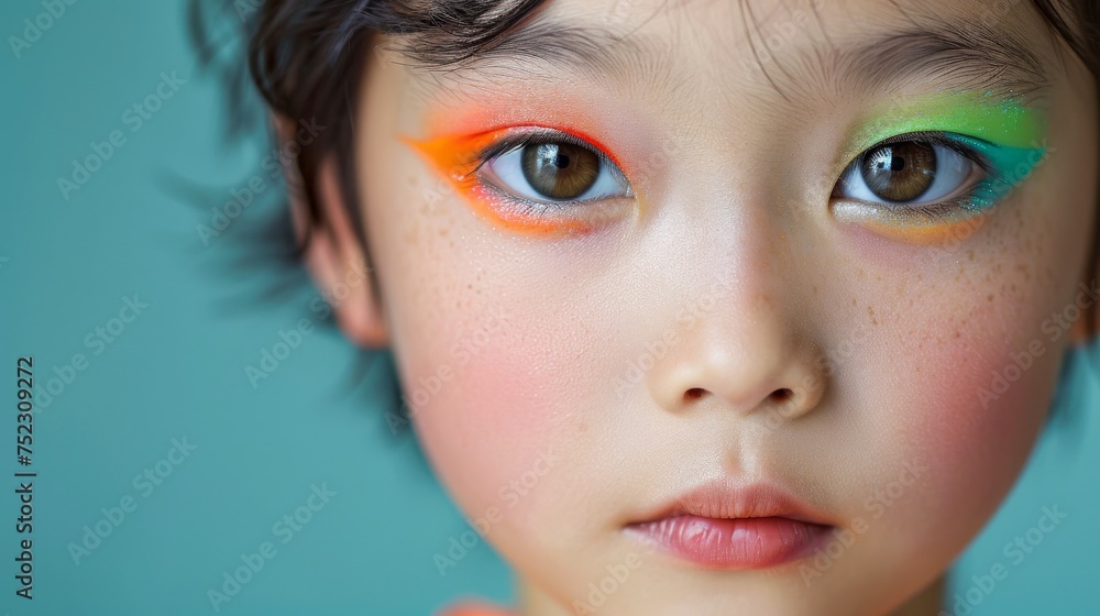 Close-up, Portrait of fashionable child model with fantasy makeup for cosmetics advertising Close-up, Portrait of fashionable child model with fantasy makeup for cosmetics advertising