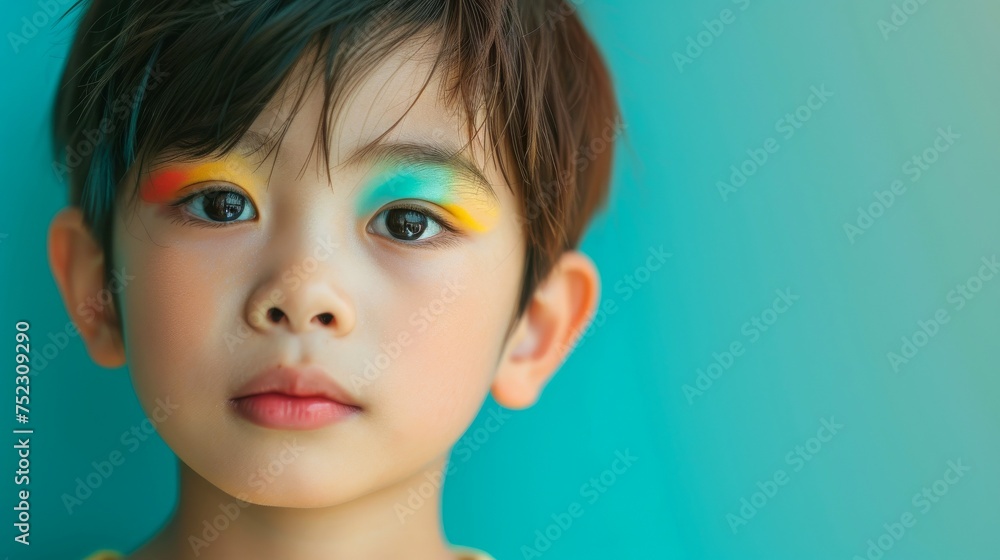 Close-up, Portrait of fashionable child model with fantasy makeup for cosmetics advertising Close-up, Portrait of fashionable child model with fantasy makeup for cosmetics advertising