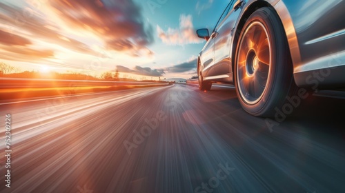 Dynamic Car Racing on Highway at Sunset, Perfect for Speed, Motion, and Automotive Concepts