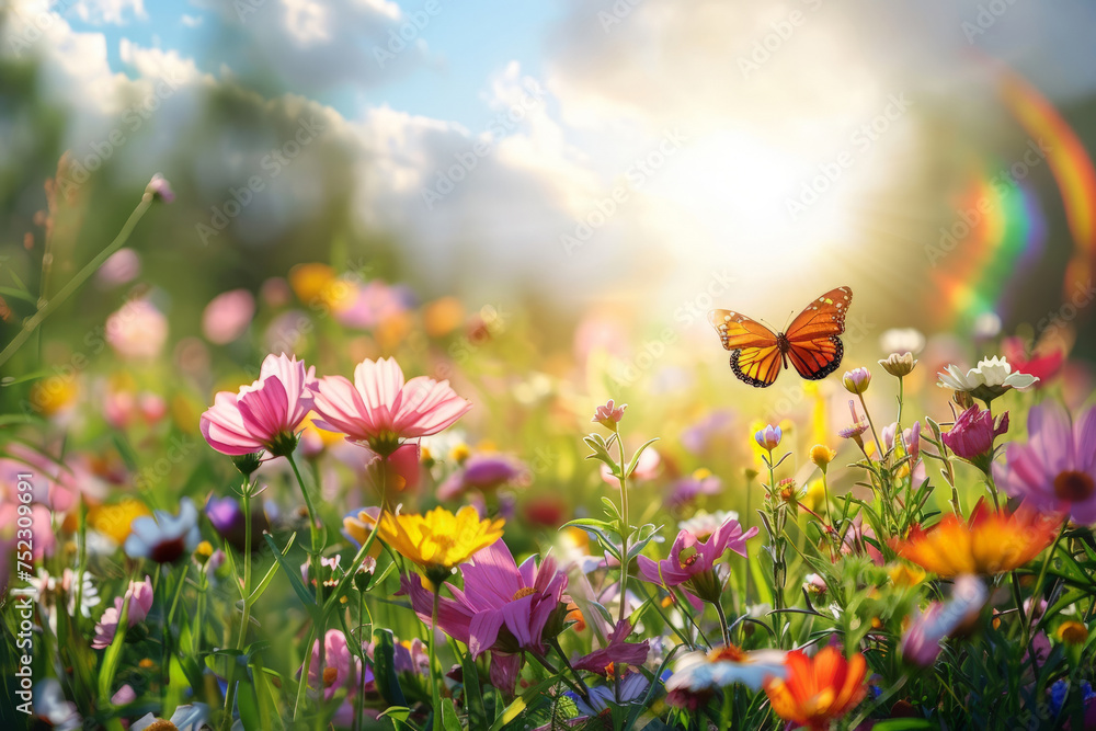 A vibrant monarch butterfly gracefully hovers over a lush field of colorful wildflowers in full bloom, creating a mesmerizing and picturesque scene A vibrant monarch butterfly gracefully hovers over a lush field of colorful wildflowers in full bloom, creating a mesmerizing and picturesque scene