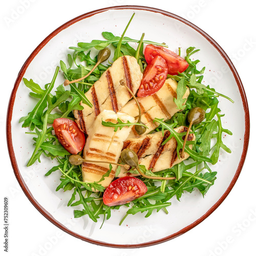 Grilled Halloumi Cheese and tomatoes salad isolated on white background. clipping path included