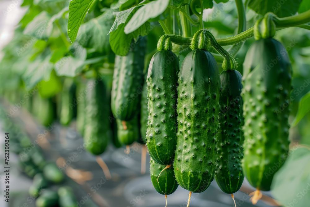 A cluster of vibrant green cucumbers dangle gracefully from a lush, bountiful plant, creating a mesmerizing sight of natures abundance A cluster of vibrant green cucumbers dangle gracefully from a lush, bountiful plant, creating a mesmerizing sight of natures abundance