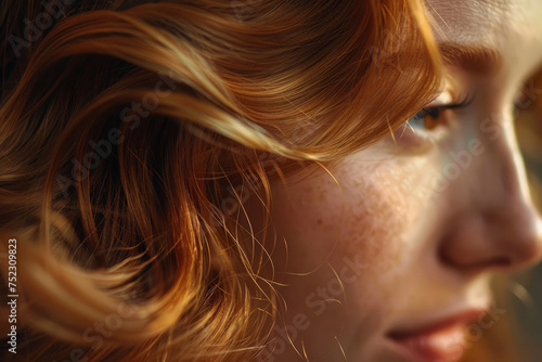 A close up of a woman head with vibrant red hair, exuding confidence and grace as she gazes directly at the viewer
