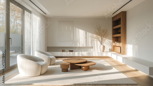 A tranquil modern living room with zen-inspired design, featuring clean lines, wooden bookshelves, and abundant natural light creating a peaceful ambiance.