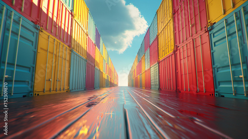 Colourful cargo containers in a freight container terminal. Perspective view.