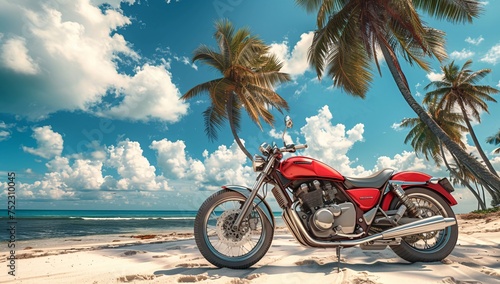 A stunning red motorcycle stands alone on sandy shores under palm trees with the vast ocean in the background