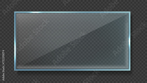 Glass plates isolated on dark background. Transparent panel plates or frames for placing name. Realistic glass transparent background.
