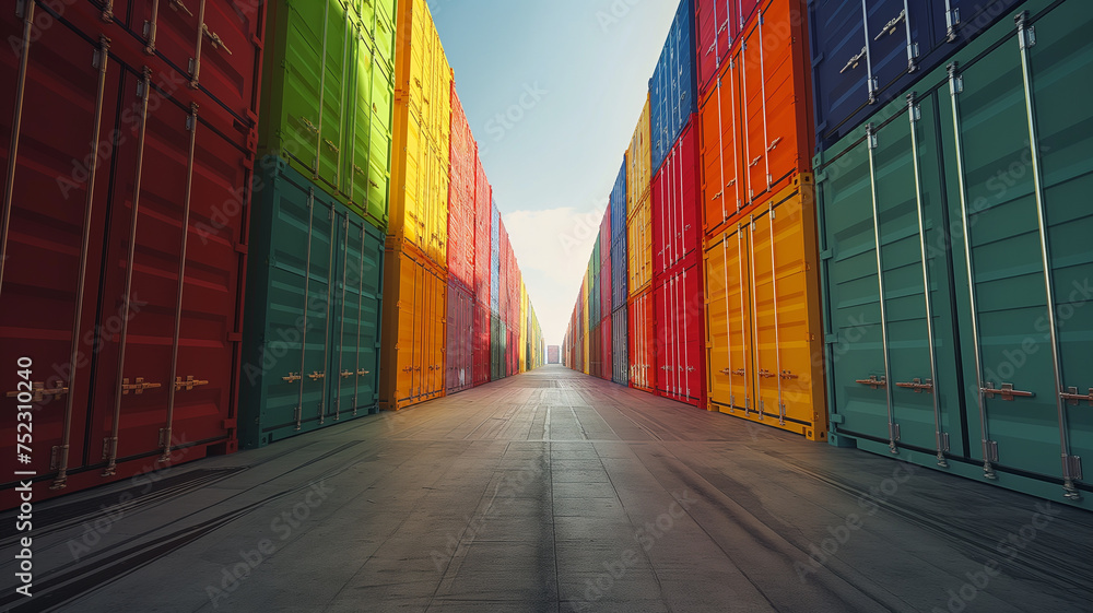 Fototapeta premium Colourful cargo containers in a freight container terminal. Perspective view.