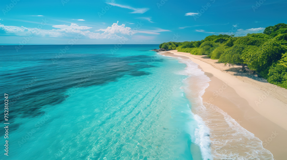 paradise with a tropical beach, where the crystal-clear waters gently kiss the pristine sandy shore. Lush palm trees sway in the balmy breeze under a vast blue sky dotted with wispy clouds