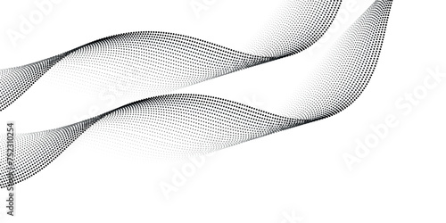 Flowing dots particles wave pattern halftone gradient curve shape isolated on white background. Vector in concept of technology