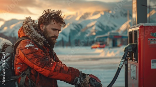A bearded man in a winter coat refuels his vehicle at a gas station during a snowy sunset with mountains in the background.