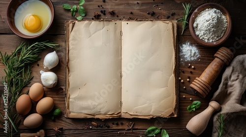 Empty menu or cookbook and kitchen utensils on wooden table