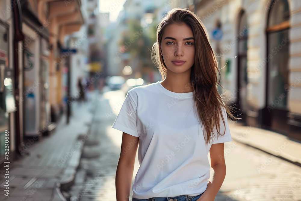 Mockup woman is wearing a white t shirt and jeans