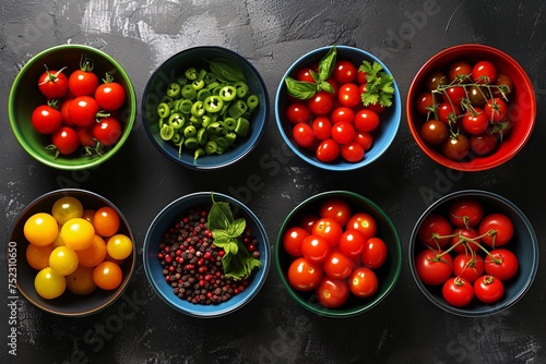 A colorful, top-down view of various tomatoes and fresh herbs in bowls, ideal for a culinary, healthy lifestyle image