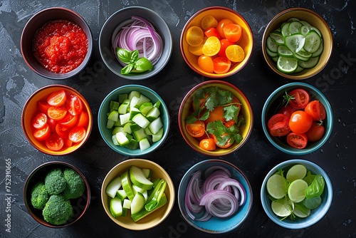 Overhead view of colorful raw  freshly cut vegetables in assorted bowls  perfect for a healthy cooking concept