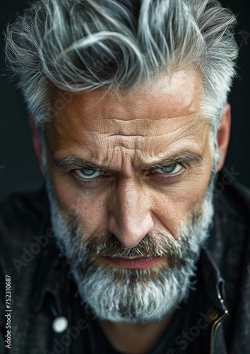 Portrait of an angry old man with gray hair and a beard on a dark background.