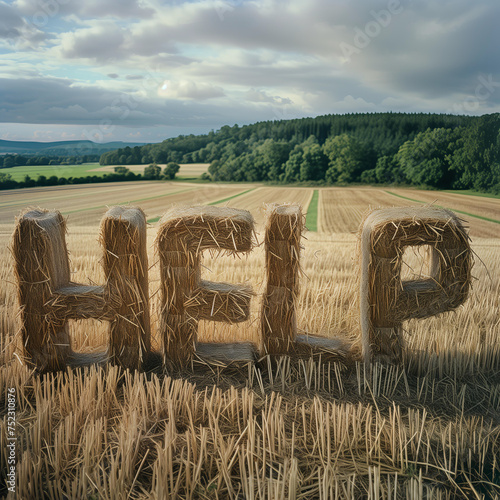 the word "HELP" written with bales of straw in a mown field