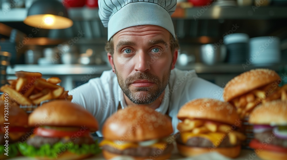 fast food seller with hamburgers and fries