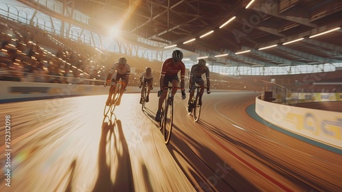 Track Cycling Race in Velodrome at Sunset Cyclists competing fiercely in a velodrome race as the sun casts dramatic shadows on the track.

