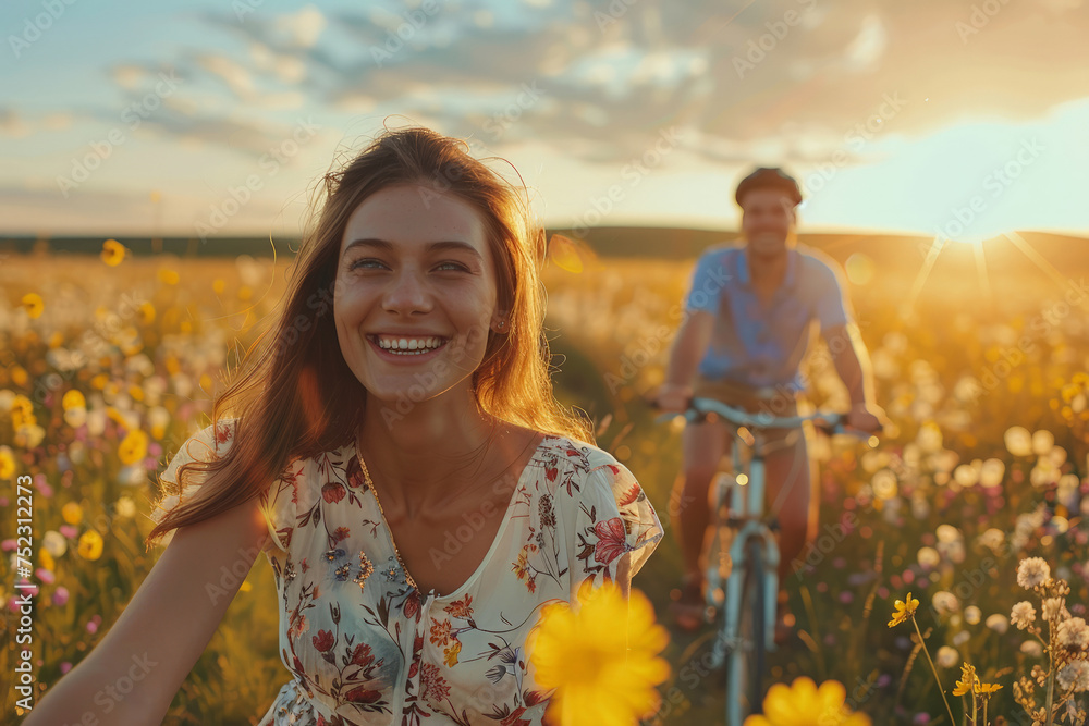 A joyful man and woman ride bicycles through a vibrant field of blooming flowers under a clear blue sky - obrazy, fototapety, plakaty 