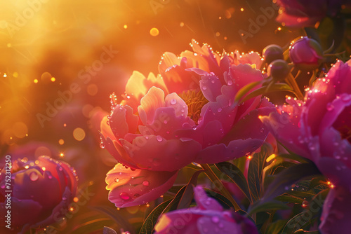 A beautiful cluster of pink flowers adorned with sparkling water droplets, glistening under the soft sunlight