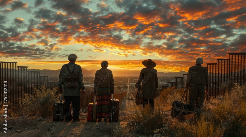 A group of senior Mexicans with suitcases and bags at the US-Mexico border, looking towards the horizon beyond the border wall, symbolizing the beginning of their journey to a new life