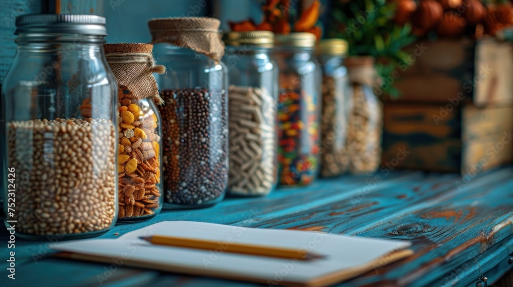 Cereals in glass jars on the table next to a Notepad and pencil. Space for text - obrazy, fototapety, plakaty 