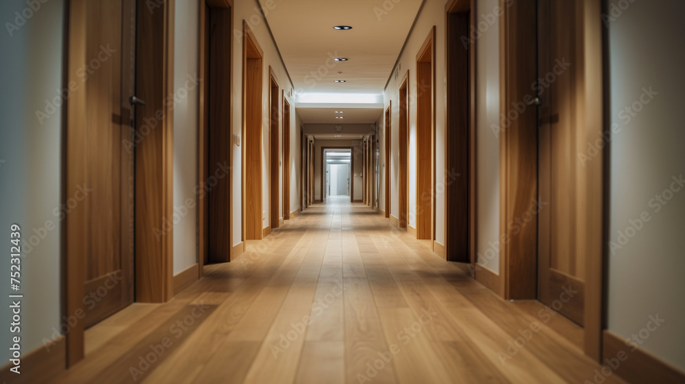 Endless empty classic hallway with wooden walls