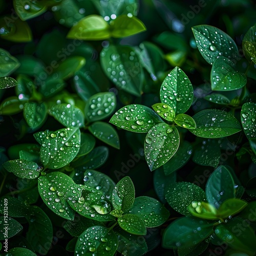 Emerald Leaves Adorned with Sparkling Raindrops 