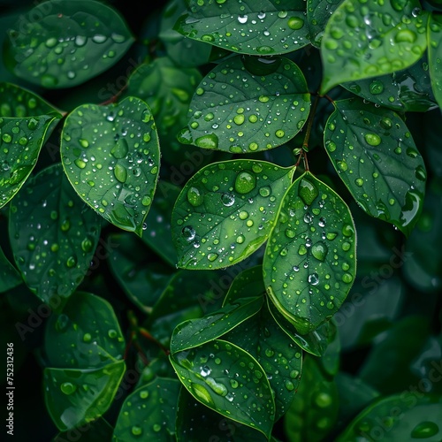 close-up green leaves with dew drops