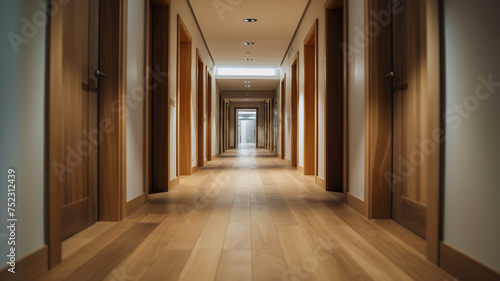 Endless empty classic hallway with wooden walls