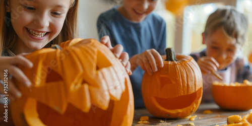 Kinder schnitzen einen Kürbis für Halloween photo