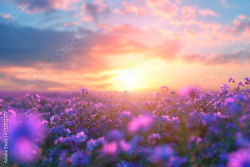 Beautiful panorama rural landscape with sunrise and blossoming meadow. purple flowers flowering on spring field
