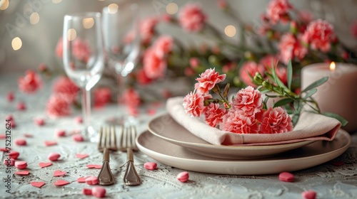 Wallpaper Mural Chic Mother's day table concept. Top view flat lay of plates, cutlery, vase, tulips, gift box, and decorative hearts on pastel pink background. Torontodigital.ca