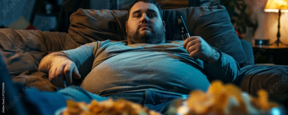 An overweight man is lying on the couch, holding the TV remote control in his hand, chips in a bowl next to him.