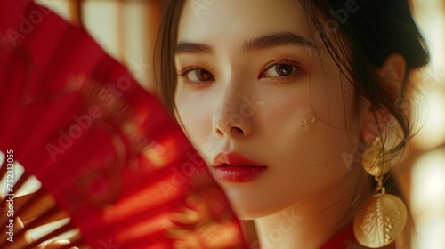 a beautiful woman is showing her face while holding a red fan, in the style offan ho, modern jewelry, janice sung, close-up, miwa komatsu, gold leaf, AI Generative