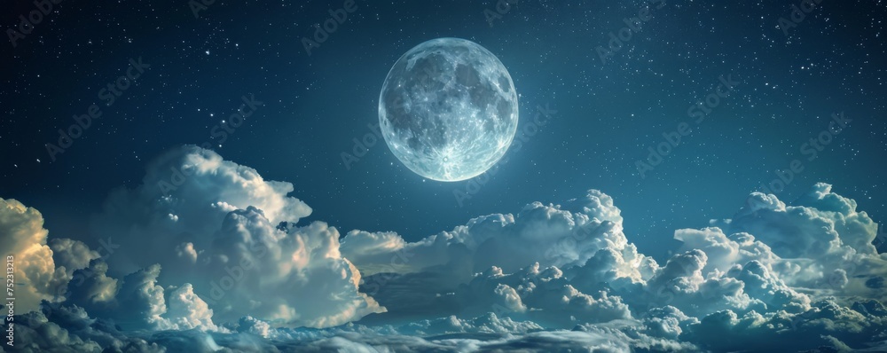 View of the moon in the night sky with clouds. View of the moon in the night sky with clouds.