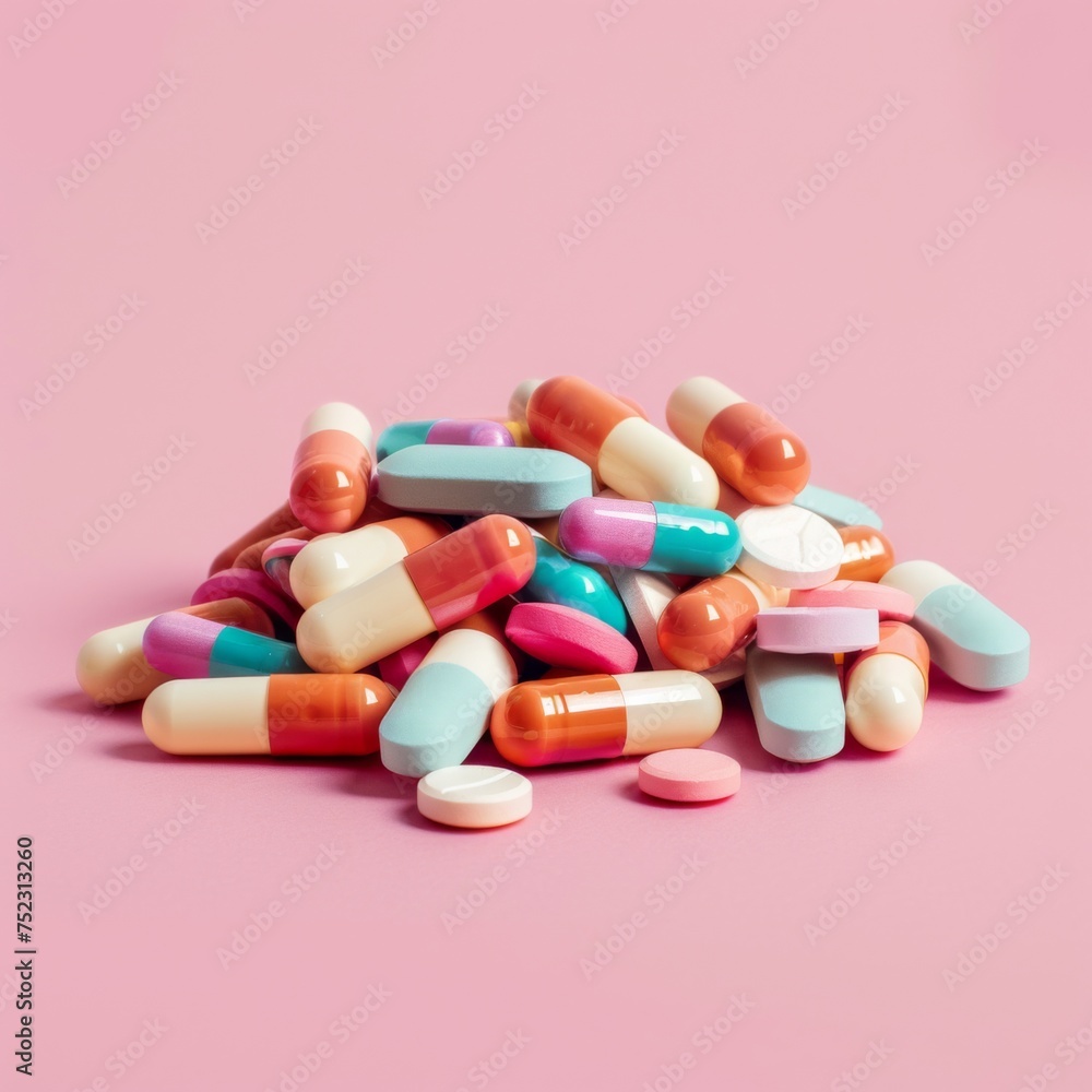 A view of medicines on a pink background. A view of medicines on a pink background.