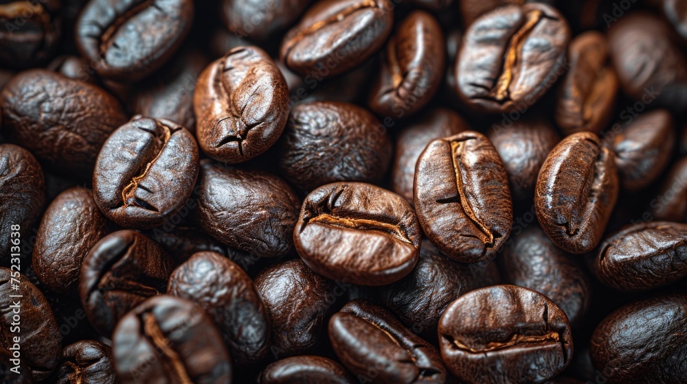 Fototapeta premium A close view of aromatic roasted coffee beans, each bean telling a story of flavor, passion, AI Generative