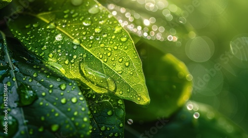 A close-up abstract view of dew-kissed leaves in early spring, with the sun's rays enhancing the fresh green hues and the delicate water droplets. The image focuses on the texture, AI Generative
