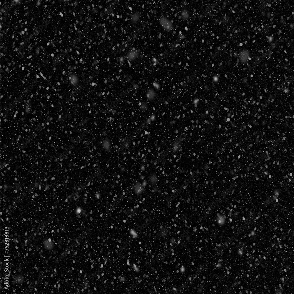 Falling down white snowflakes on black background. Isolated snowfall, snow design element. Snowstorm texture..shot of flying snowflakes in the air.