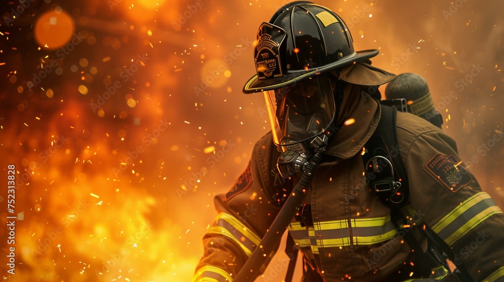 Fototapeta premium A dynamic and powerful snapshot of a firefighter in action during a training drill, moving towards the viewer, AI Generative